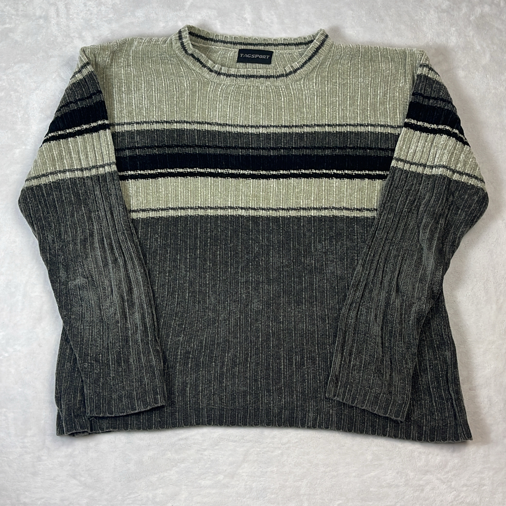 Vintage Tagsport Men's Sweater Size XL Gray Striped Ribbed Knit Pullover 90s Y2K